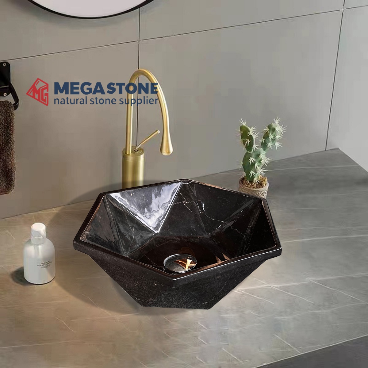 Black Marquina Geometric Faceted Wash Basin