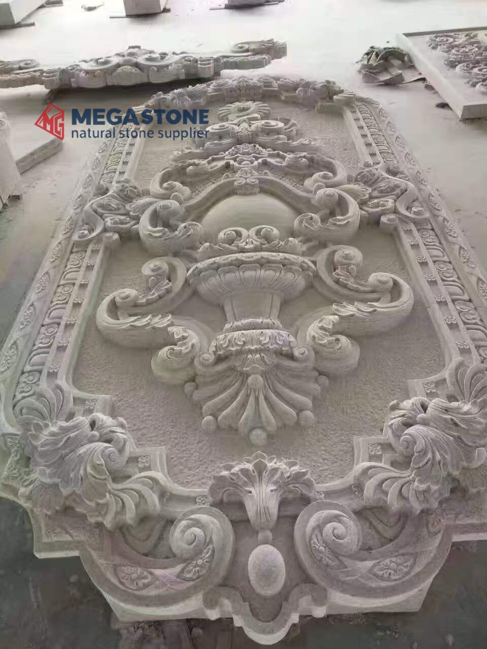 Hand-Carved Opulent Stone Relief Panels with Floral & Royal Crown Designs
