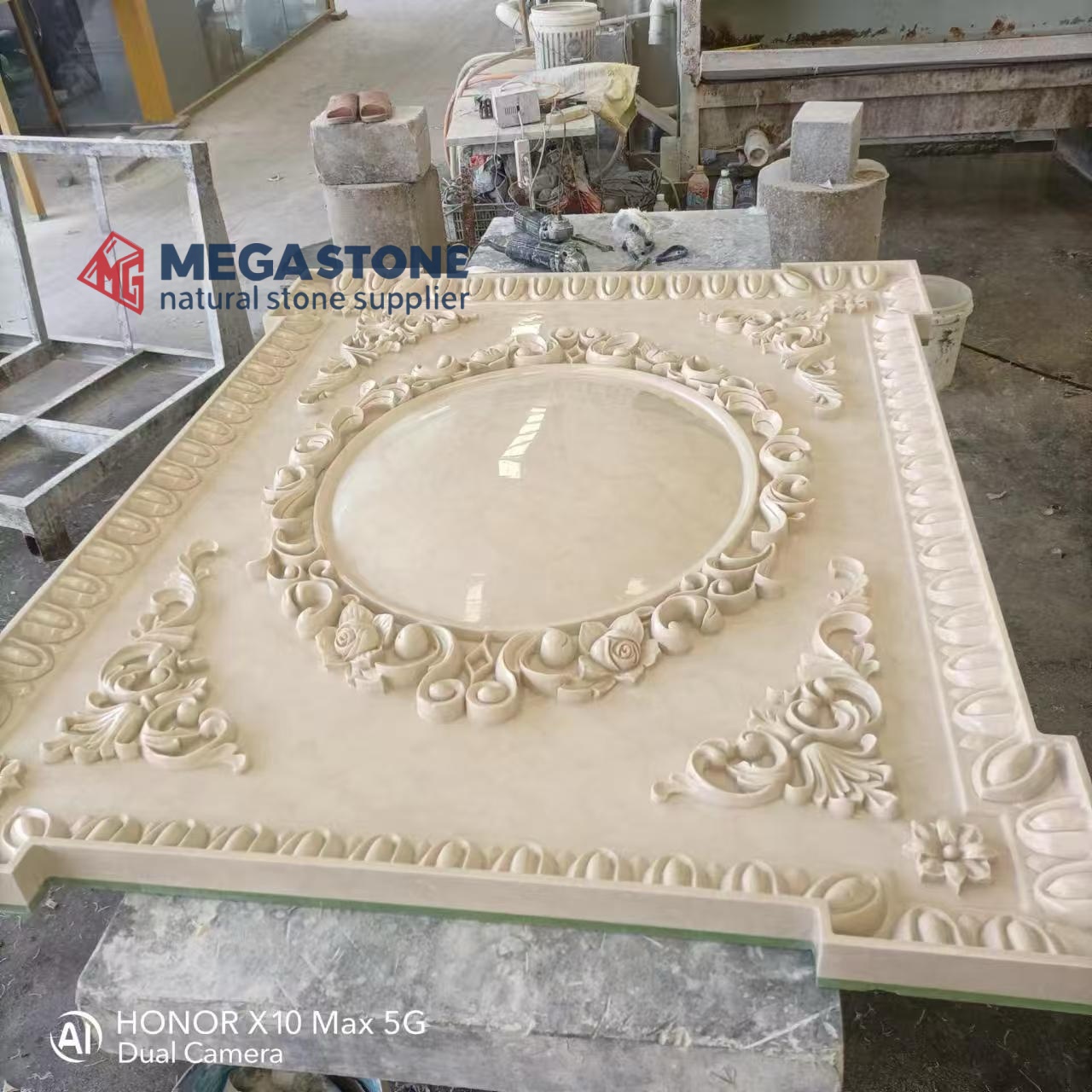 Hand-Carved Opulent Stone Relief Panels with Floral & Royal Crown Designs