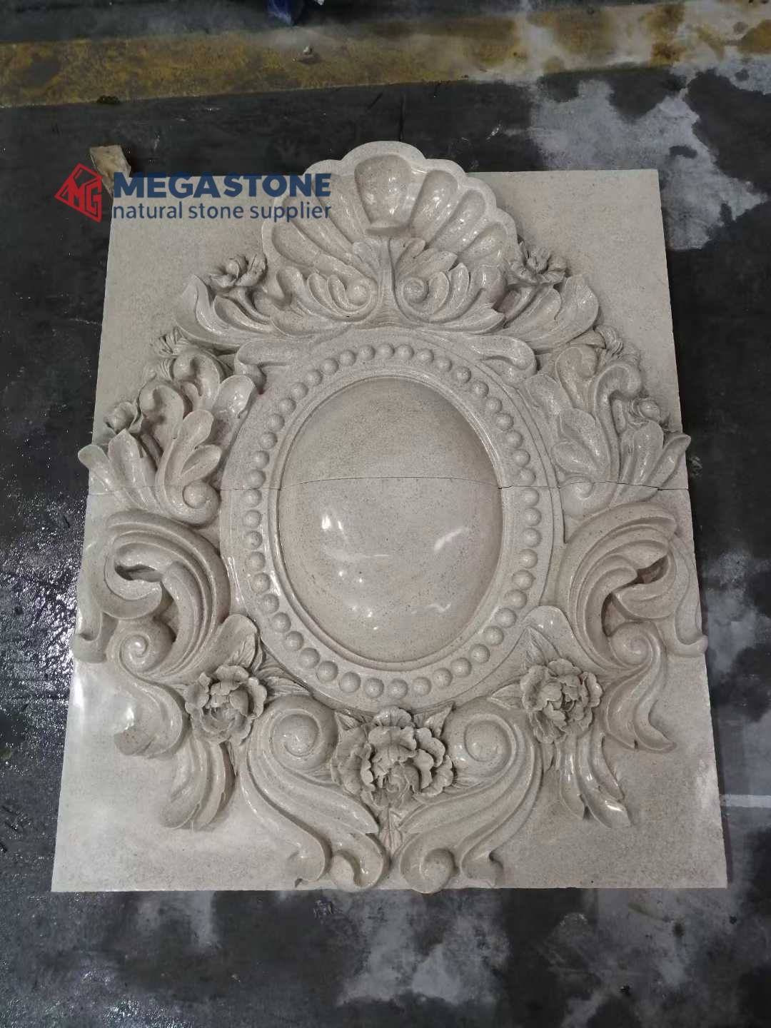 Hand-Carved Opulent Stone Relief Panels with Floral & Royal Crown Designs