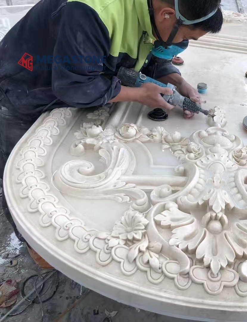 Hand-Carved Opulent Stone Relief Panels with Floral & Royal Crown Designs