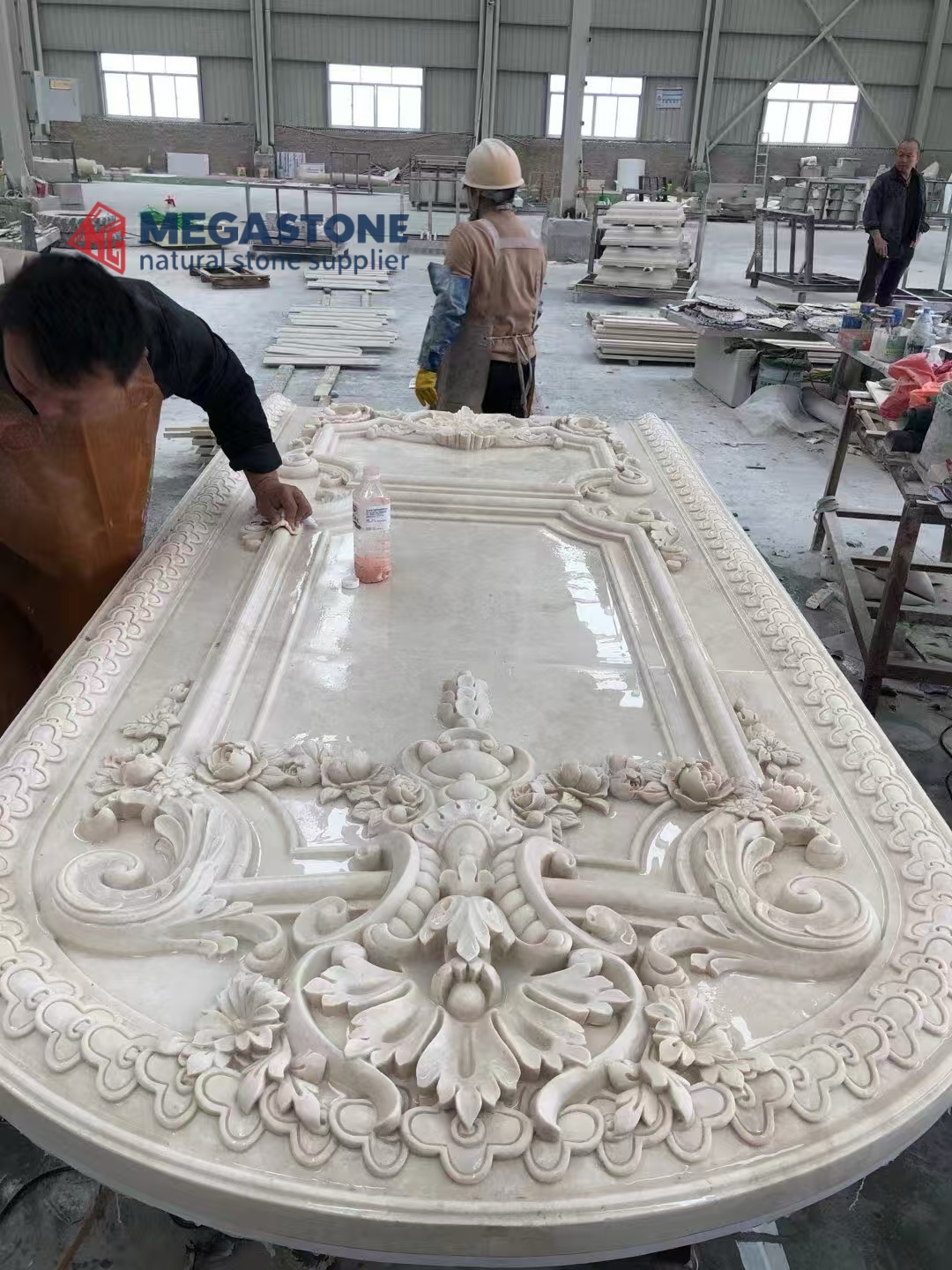 Hand-Carved Opulent Stone Relief Panels with Floral & Royal Crown Designs