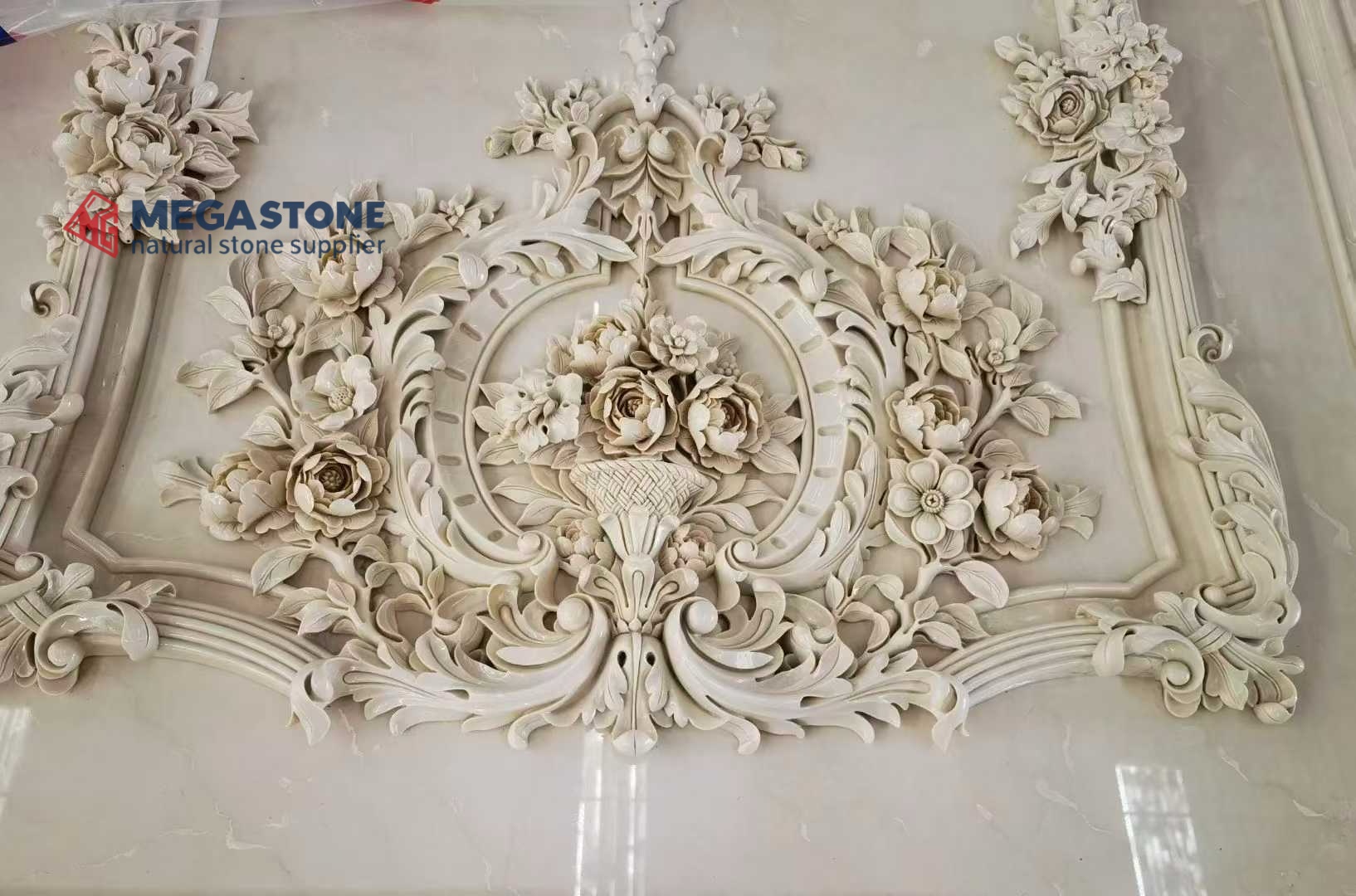 Hand-Carved Opulent Stone Relief Panels with Floral & Royal Crown Designs