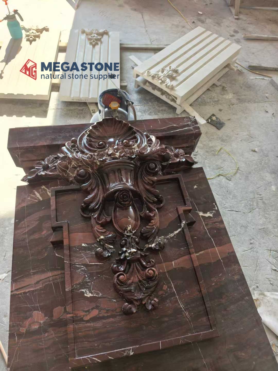 Hand-Carved Opulent Stone Relief Panels with Floral & Royal Crown Designs