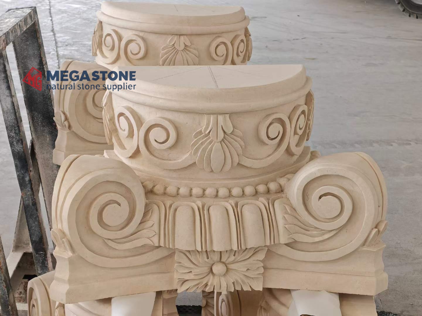 Handcrafted Limra Limestone Ionic Capital with Rich Volute and Floral Relief Details