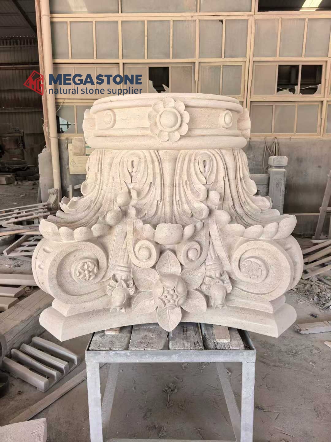 Moca Cream Limestone Hand-Carved Ionic Column Capital with Floral and Volute Motifs