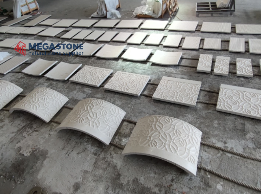 Emelas Beige Limestone Carved Curved Panel