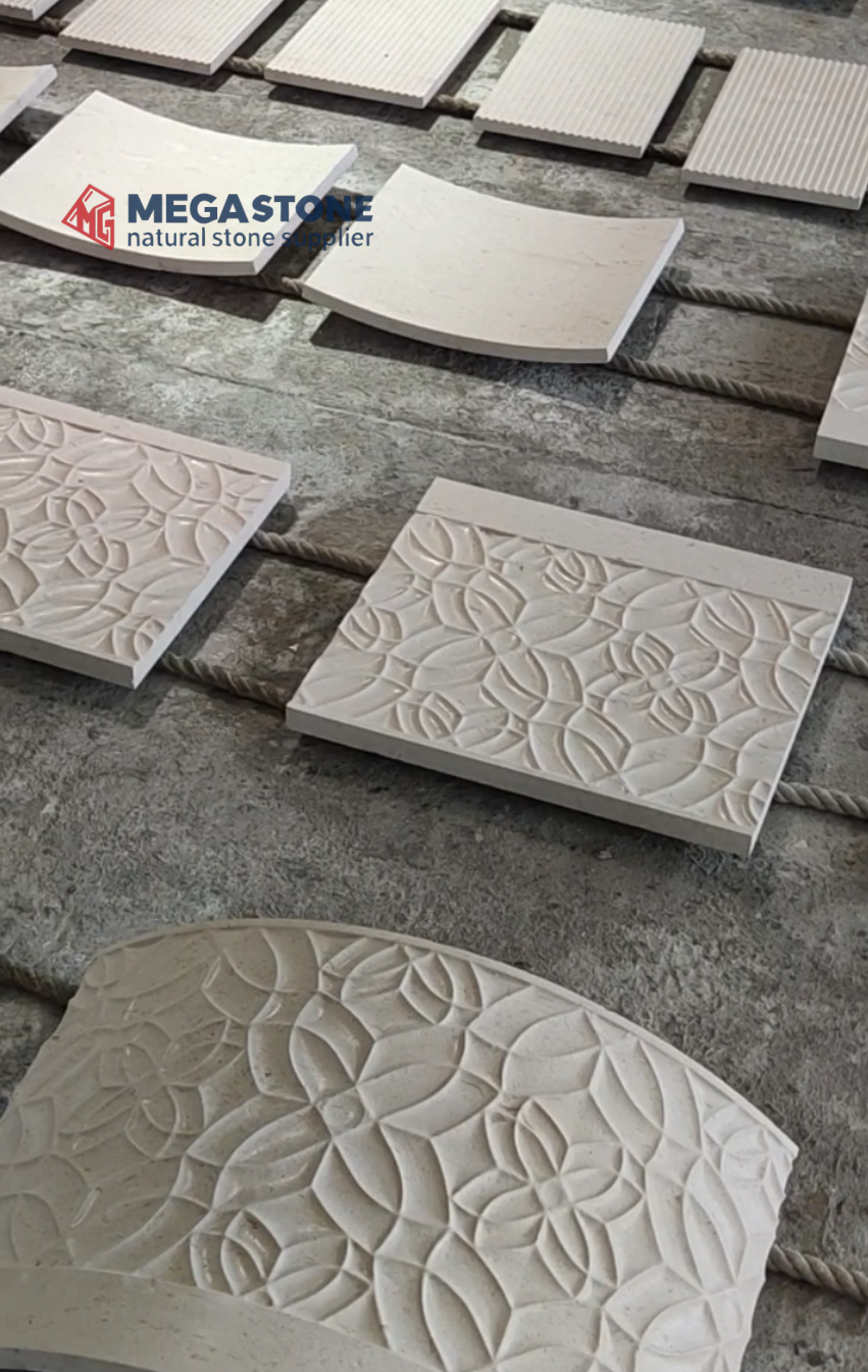 Emelas Beige Limestone Carved Curved Panel