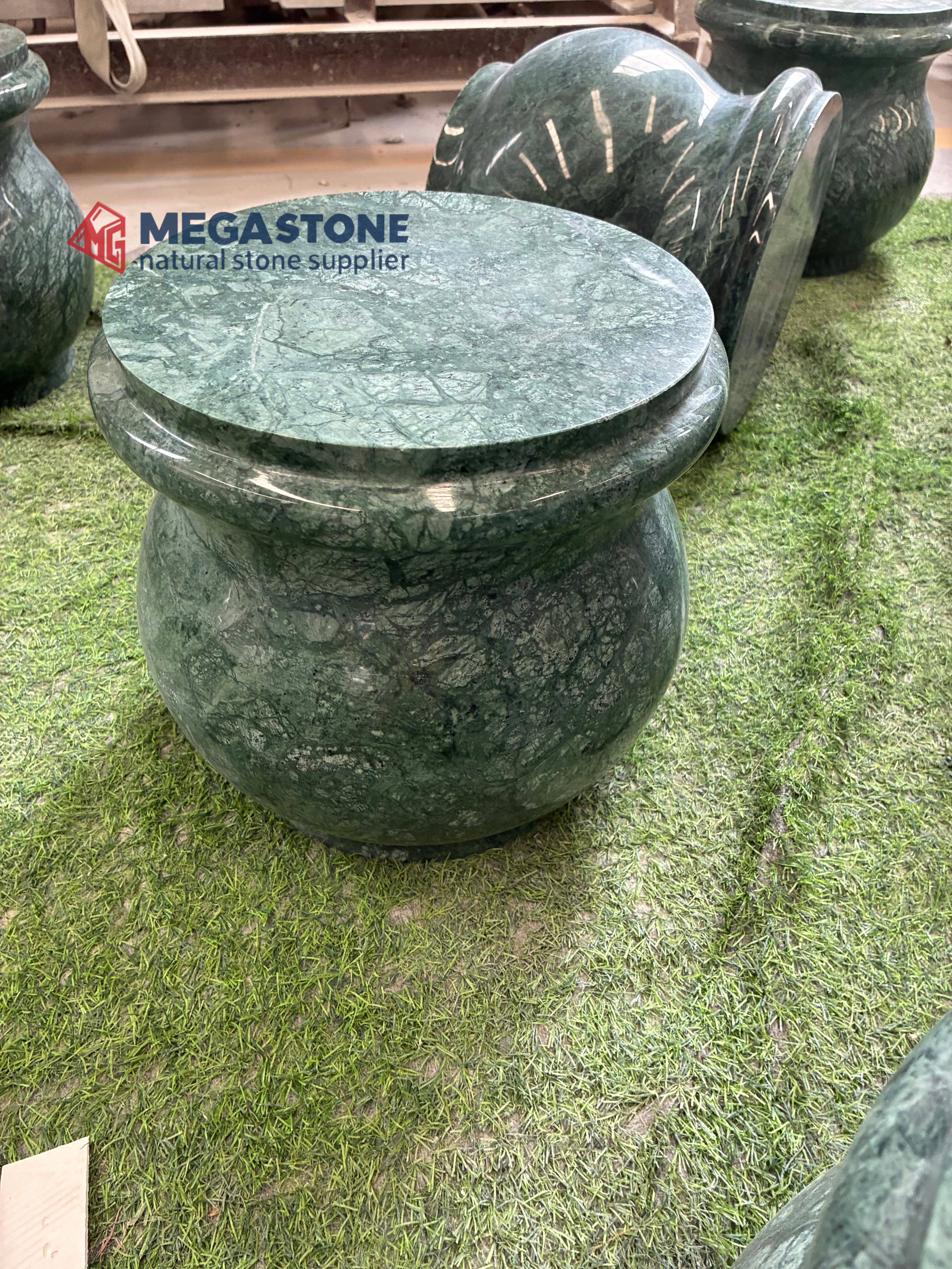 Custom Verde Green Marble Round Accent Stool