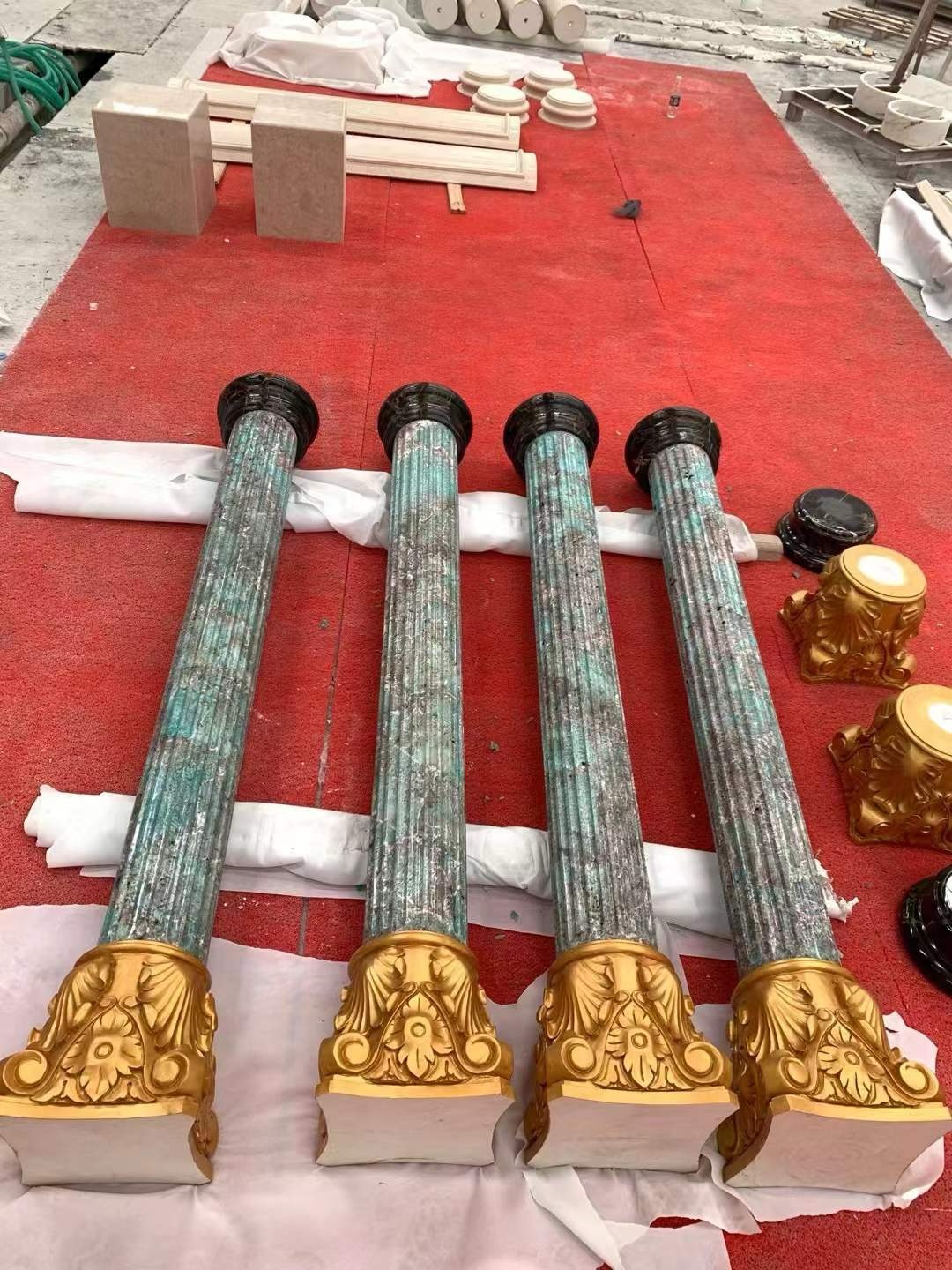 Custom Amazon Green Quartzite Solid Column with Gold-Plated Capital for Luxury Projects