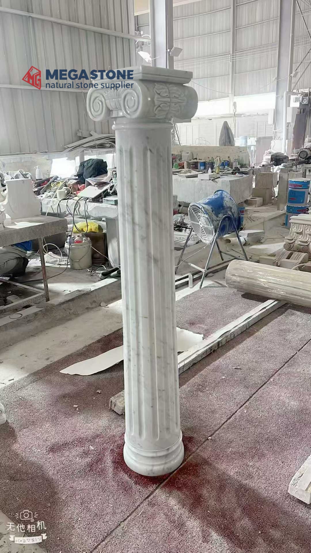 Hand-Carved Ionic Column in Carrara White Marble