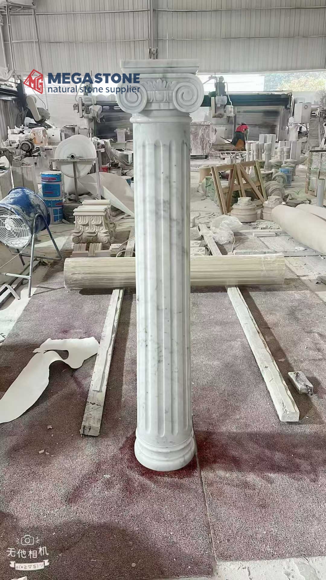 Hand-Carved Ionic Column in Carrara White Marble