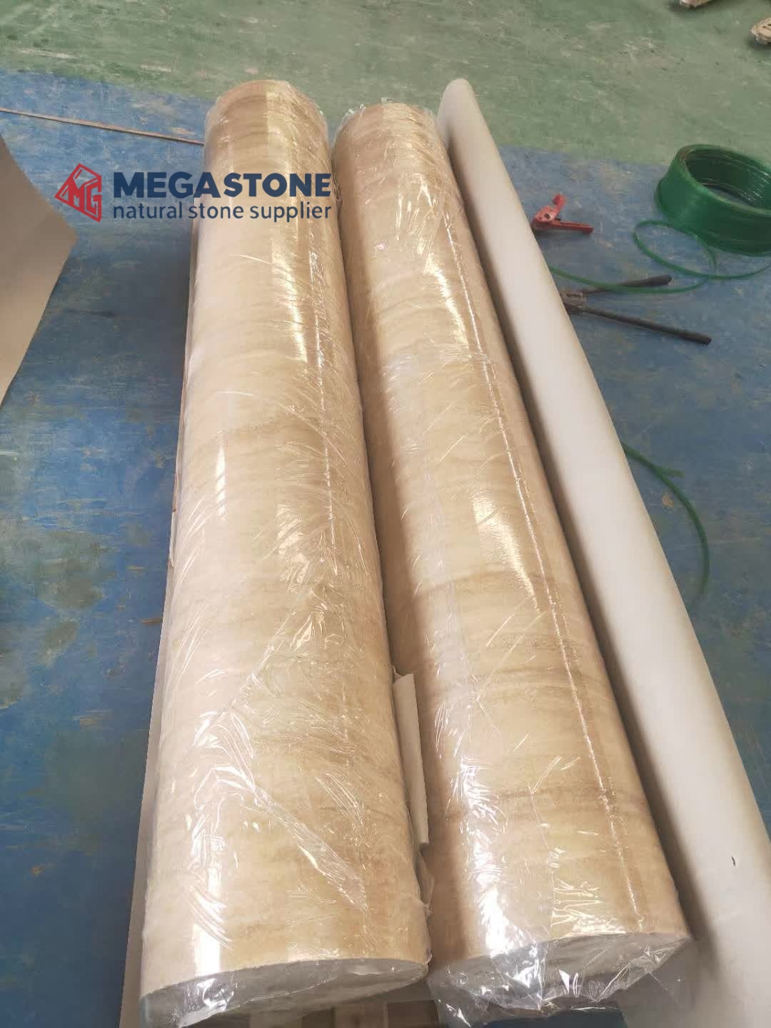 Monolithic Solid Roman Travertine Column with Plain Round Capital and Base