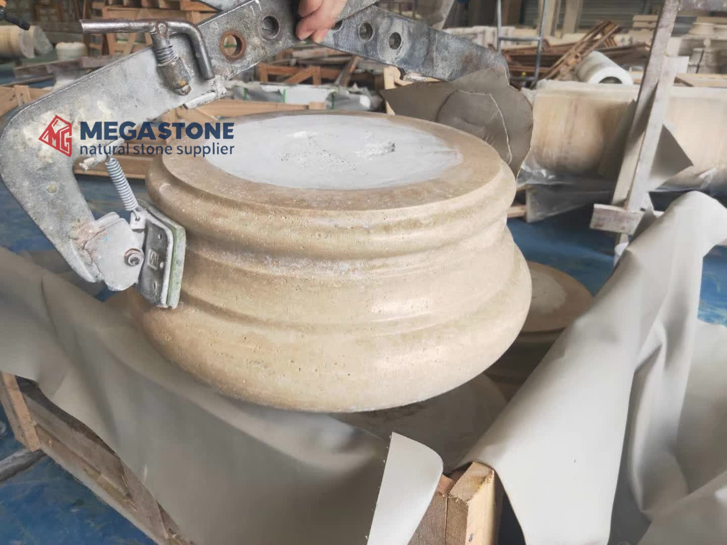 Monolithic Solid Roman Travertine Column with Plain Round Capital and Base