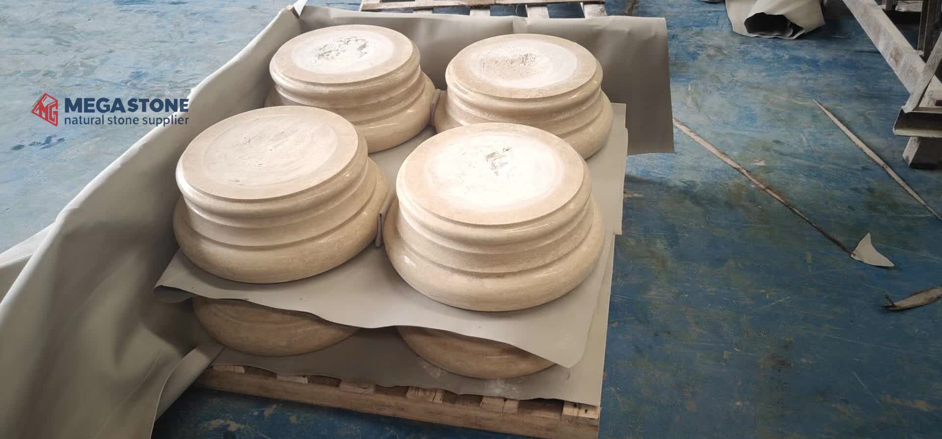 Monolithic Solid Roman Travertine Column with Plain Round Capital and Base