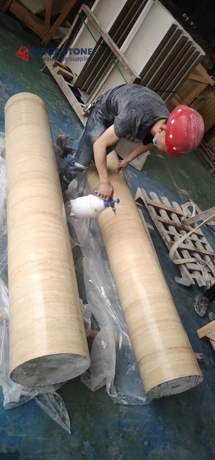 Monolithic Solid Roman Travertine Column with Plain Round Capital and Base