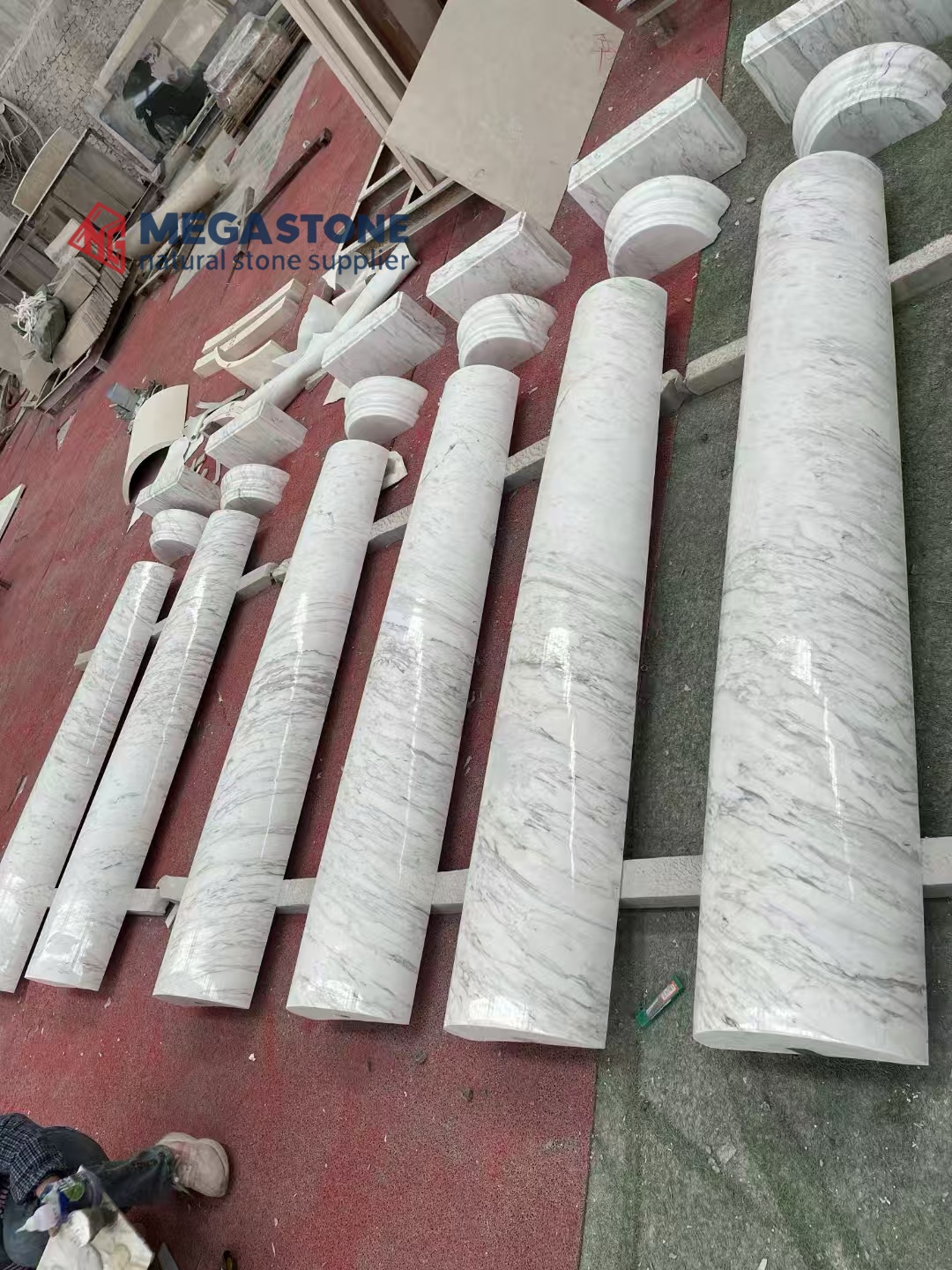 Volakas White Marble Half Round Solid Column, Tuscan Style with Square Top Round Base Capital and Base
