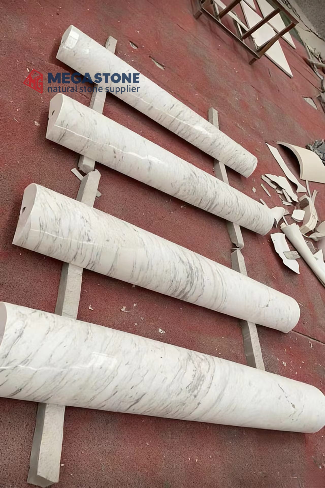 Volakas White Marble Half Round Solid Column, Tuscan Style with Square Top Round Base Capital and Base