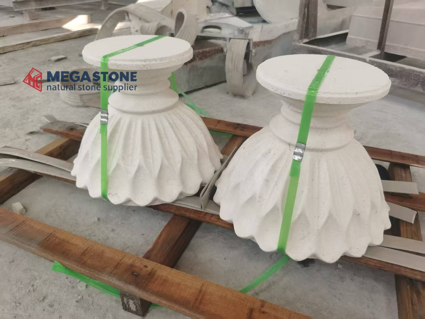Beige Limestone Urn Planter with Carved Square Pedestal