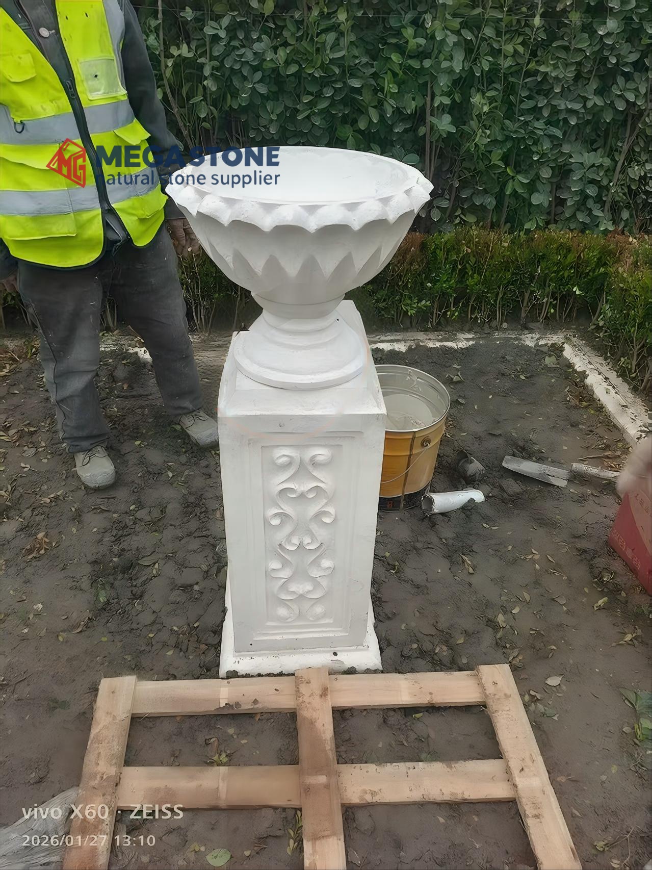 Beige Limestone Urn Planter with Carved Square Pedestal