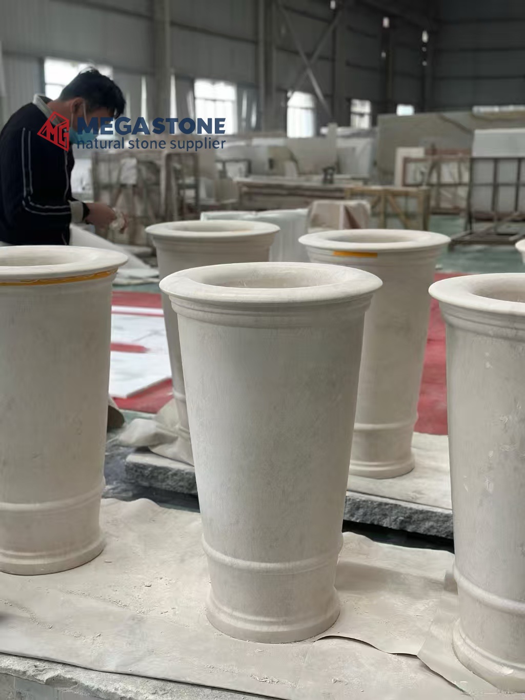 Bulgarian Vratza Limestone Tapered Planter with Rim for Hotel Projects