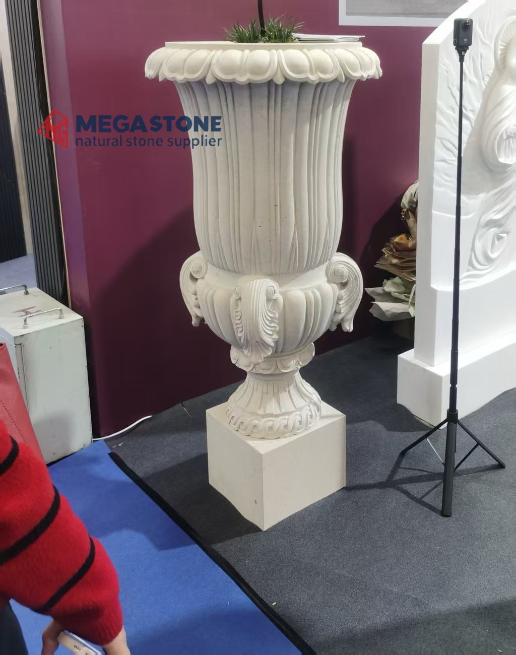 Classical Fluted Limestone Urn Planter with Handles & Pedestal
