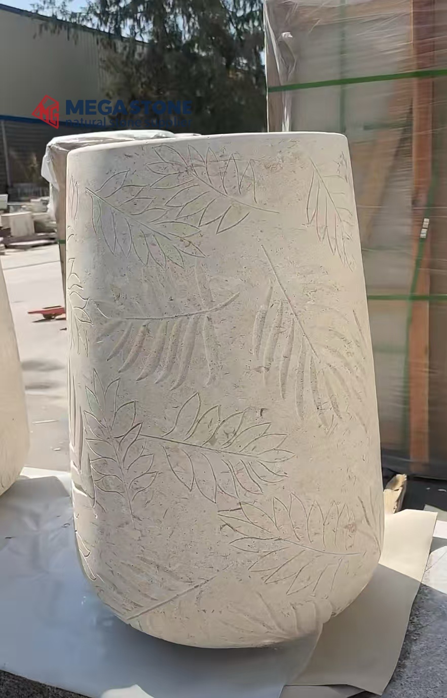 Engraved Leaf Pattern Myra Beige Limestone Garden Planter