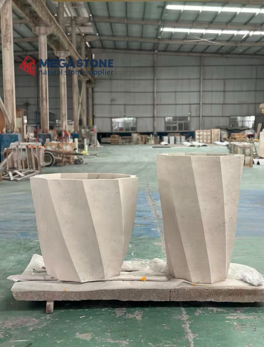 Geometric Twisted Limestone Tapered Planter for Outdoor Decoration