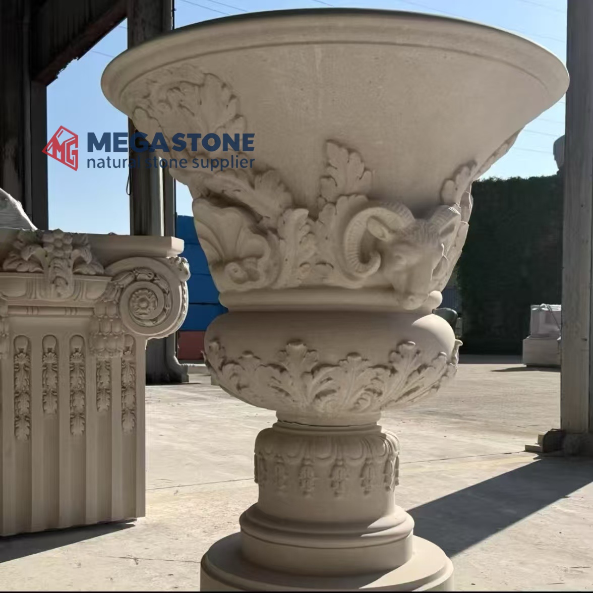 Hand-Carved Limestone Pedestal Planter Urn for Outdoor Landscaping