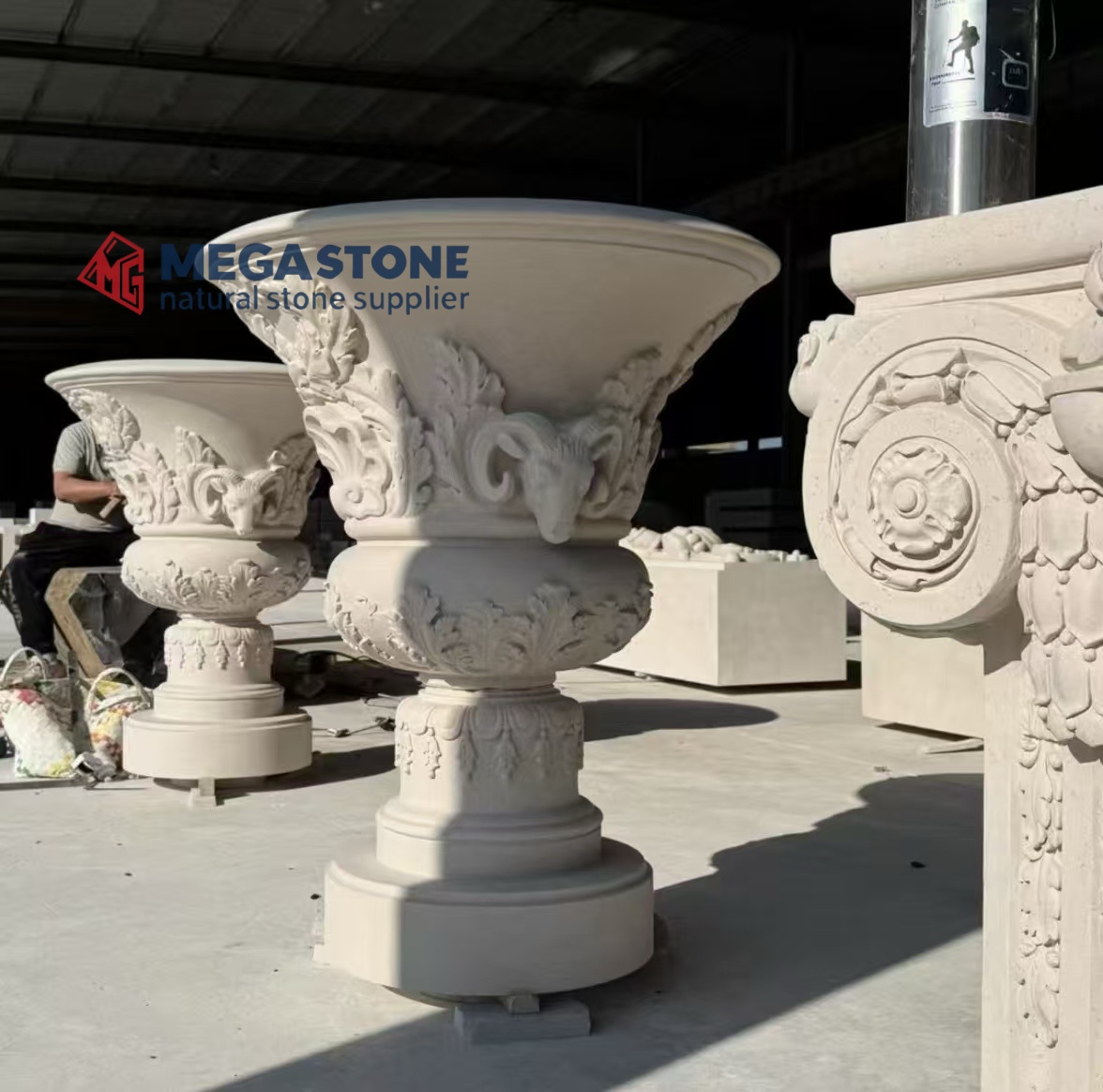 Hand-Carved Limestone Pedestal Planter Urn for Outdoor Landscaping