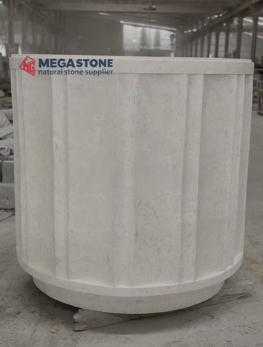 Large Round Fluted Limestone Garden Planter