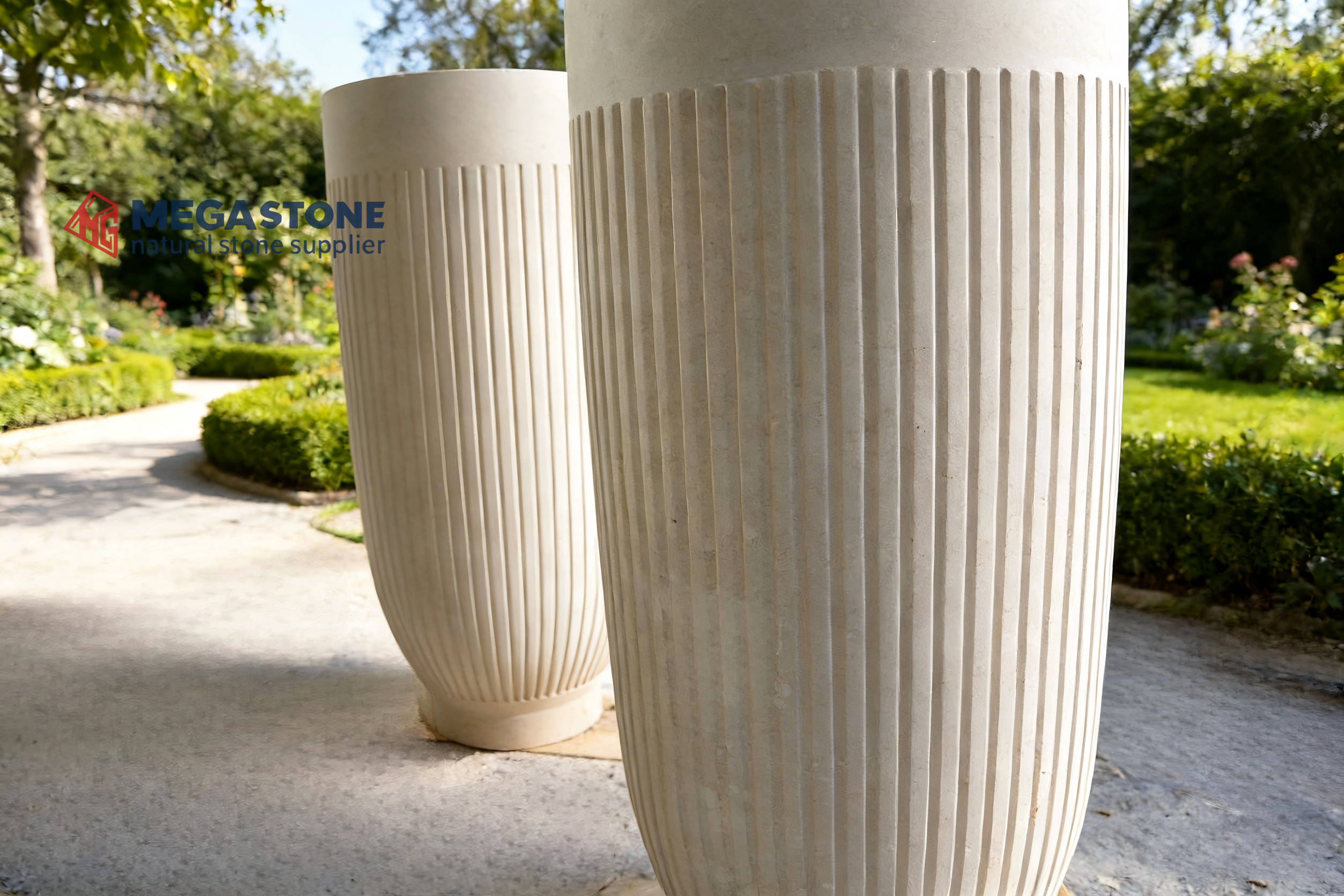 Modern Fluted Vratza Limestone Planter for Landscaping