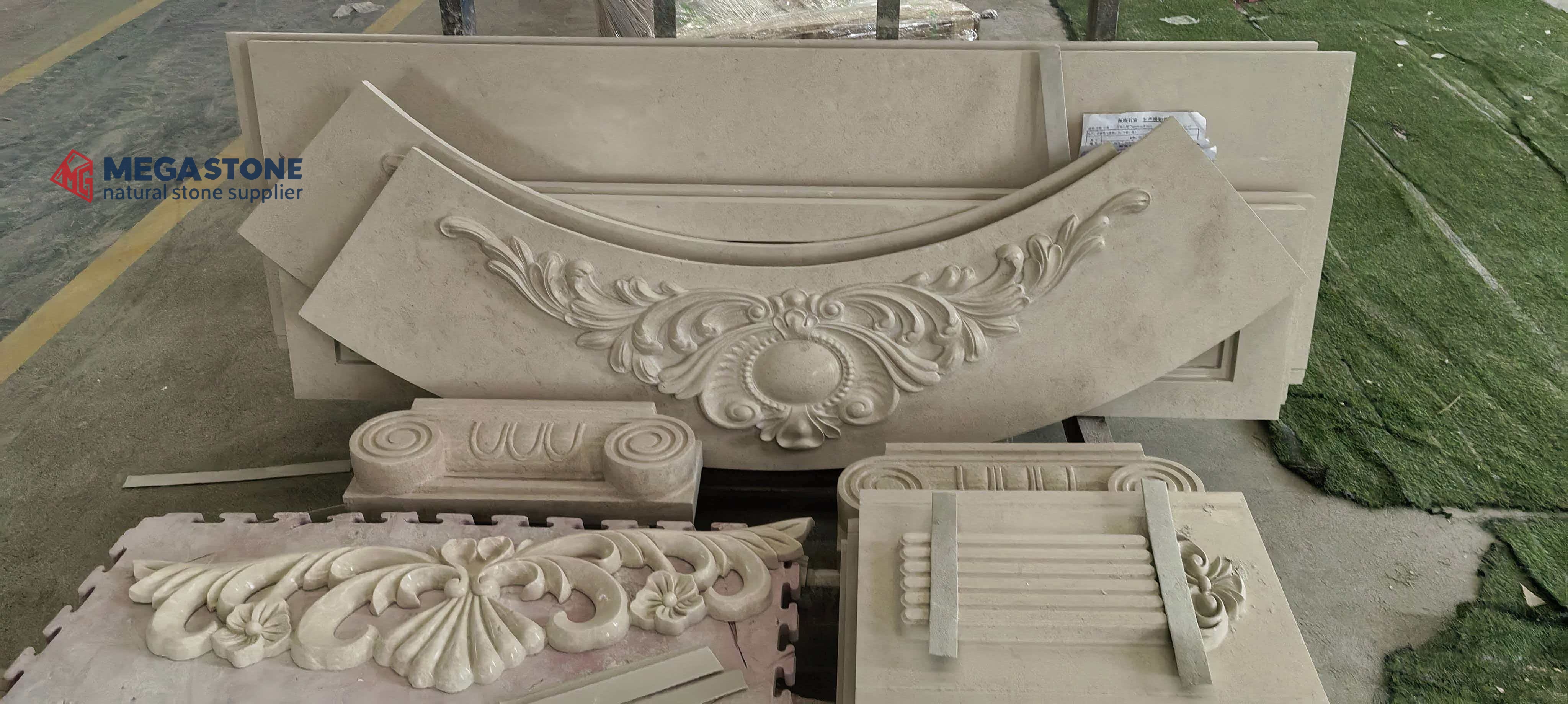 Custom Moleanos Limestone Carved Courtyard Fountain Wall