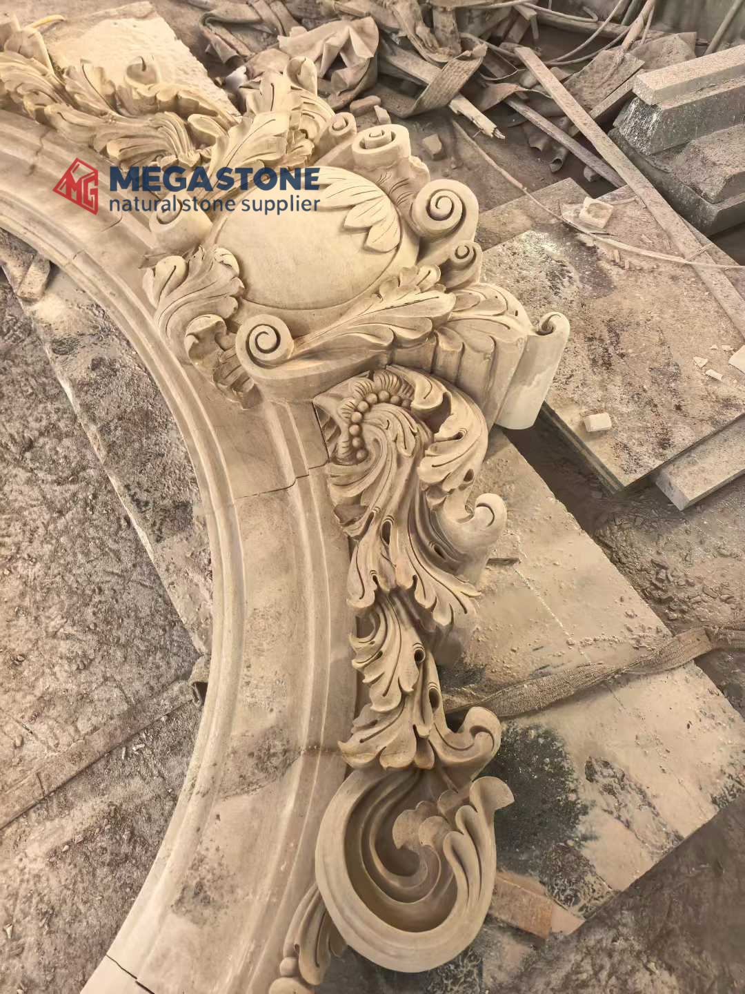 Hand-Carved Portugal Limestone Ornate Arch, Acanthus Leaf Carved Beige Limestone Archway