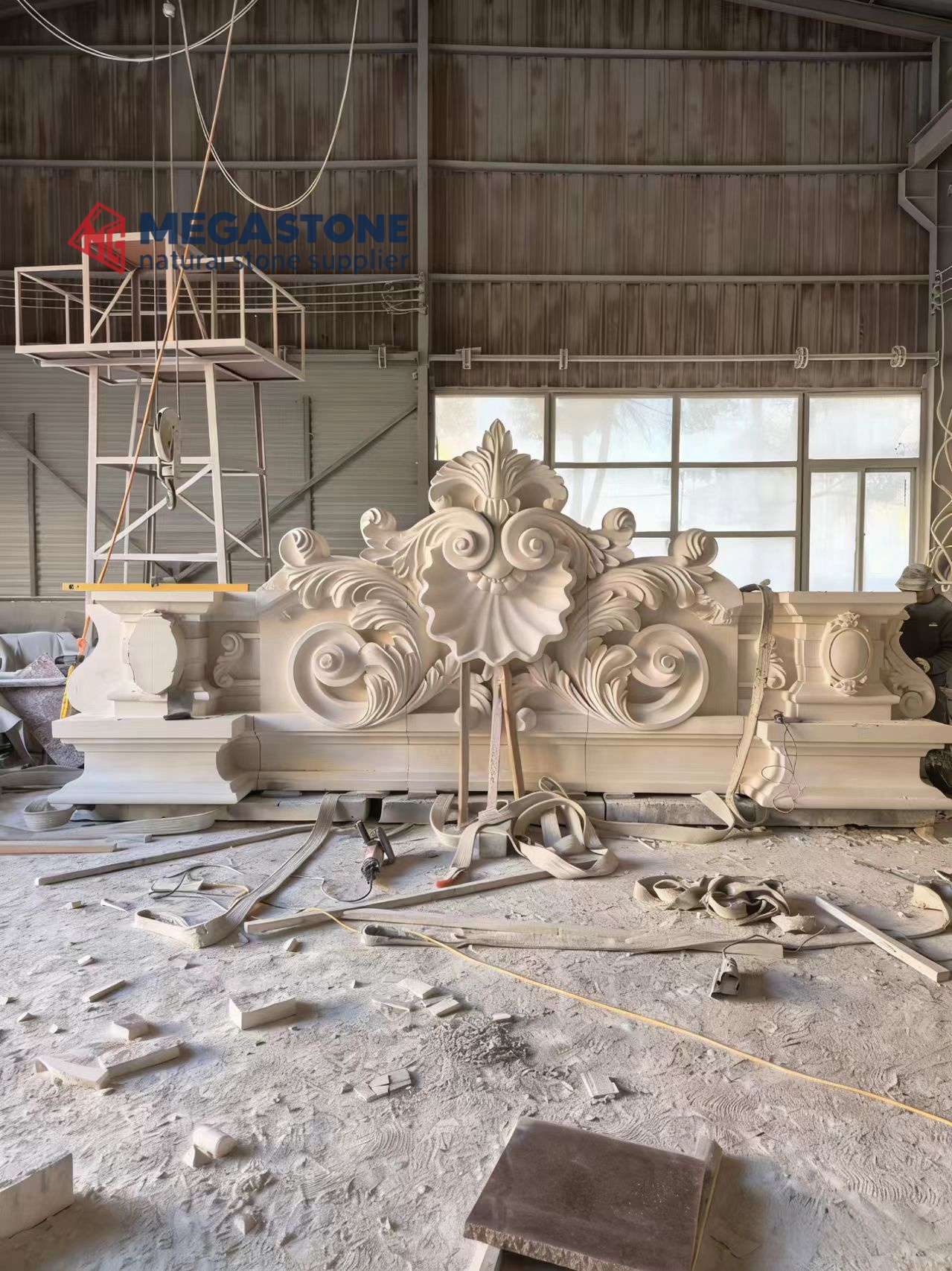 Luxury Hand-Crafted Limra Limestone Baroque Style Pediment Custom Stone Facade Ornament