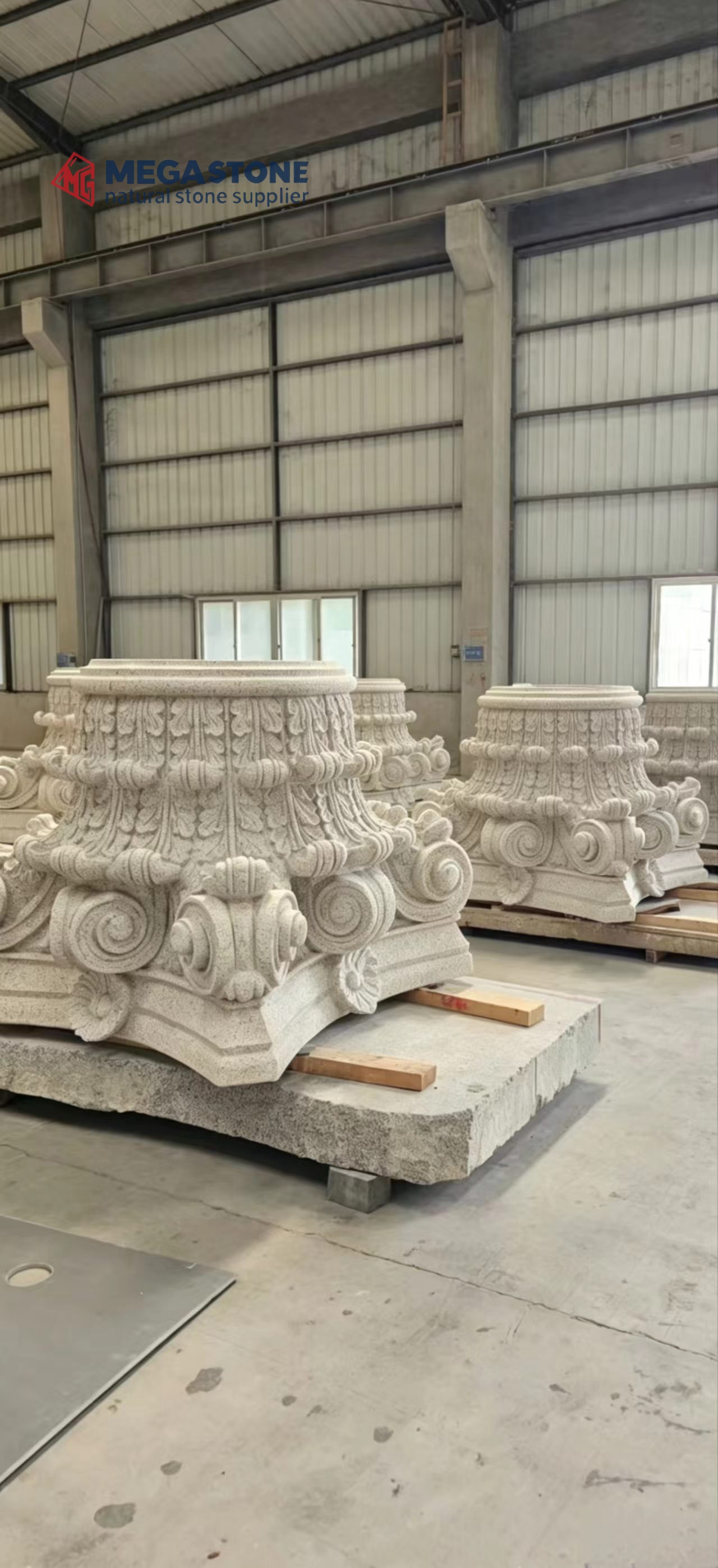 Ornate Ionic Style Granite Column Capital with Acanthus Leaf Carving