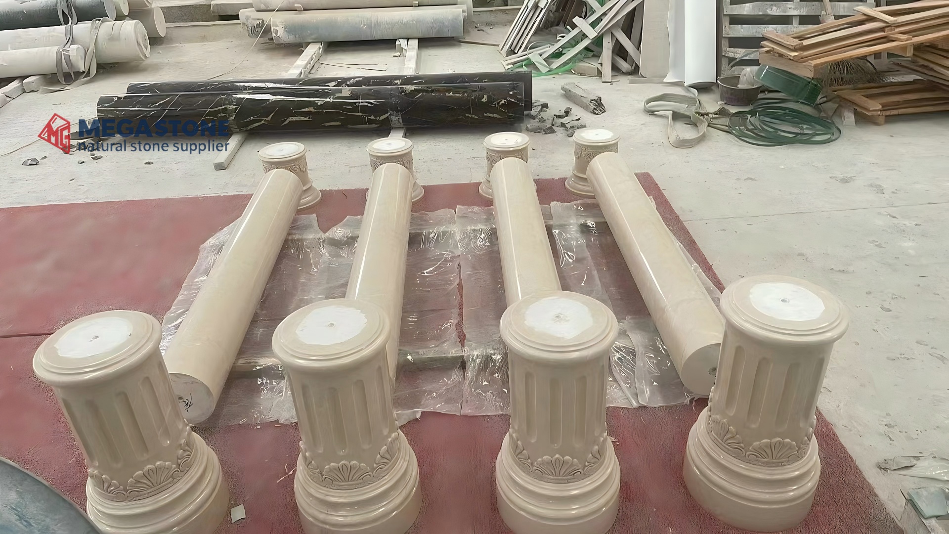 Polished Beige Marble Fluted Shaft Columns with Ornate Capitals
