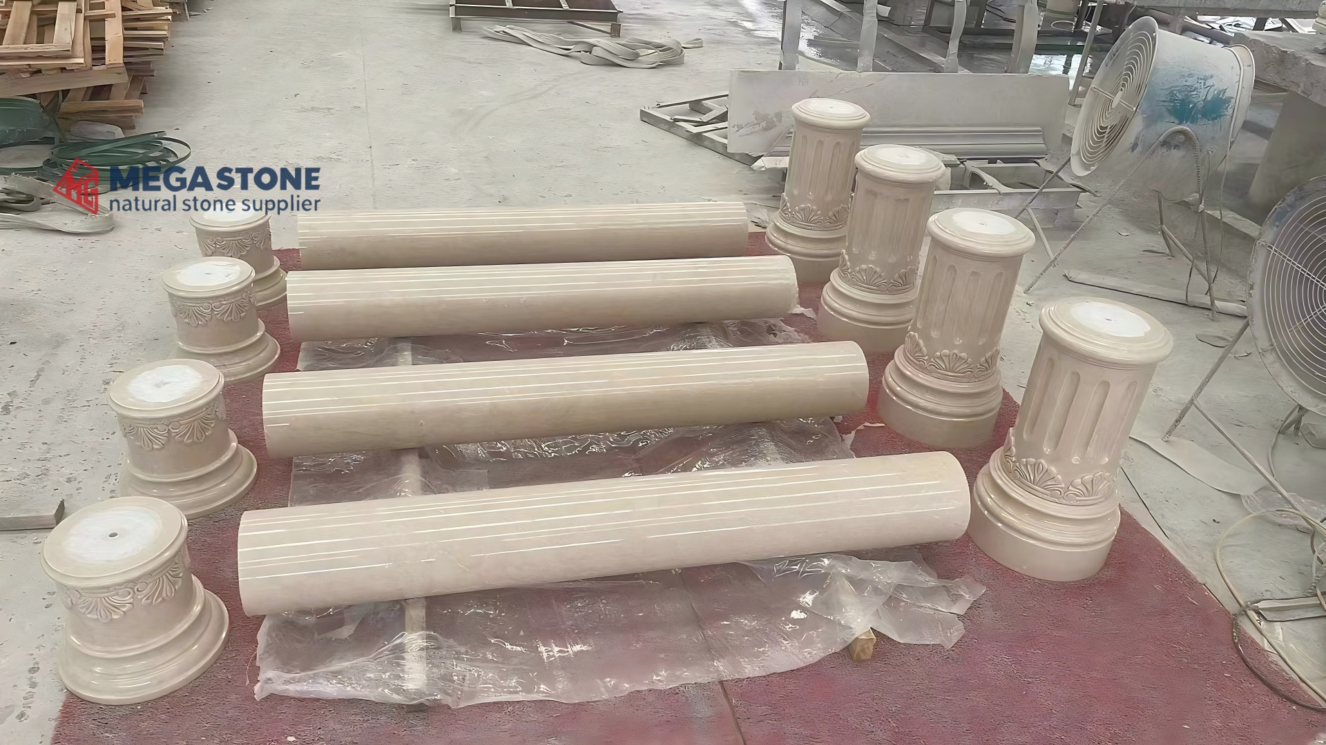 Polished Beige Marble Fluted Shaft Columns with Ornate Capitals