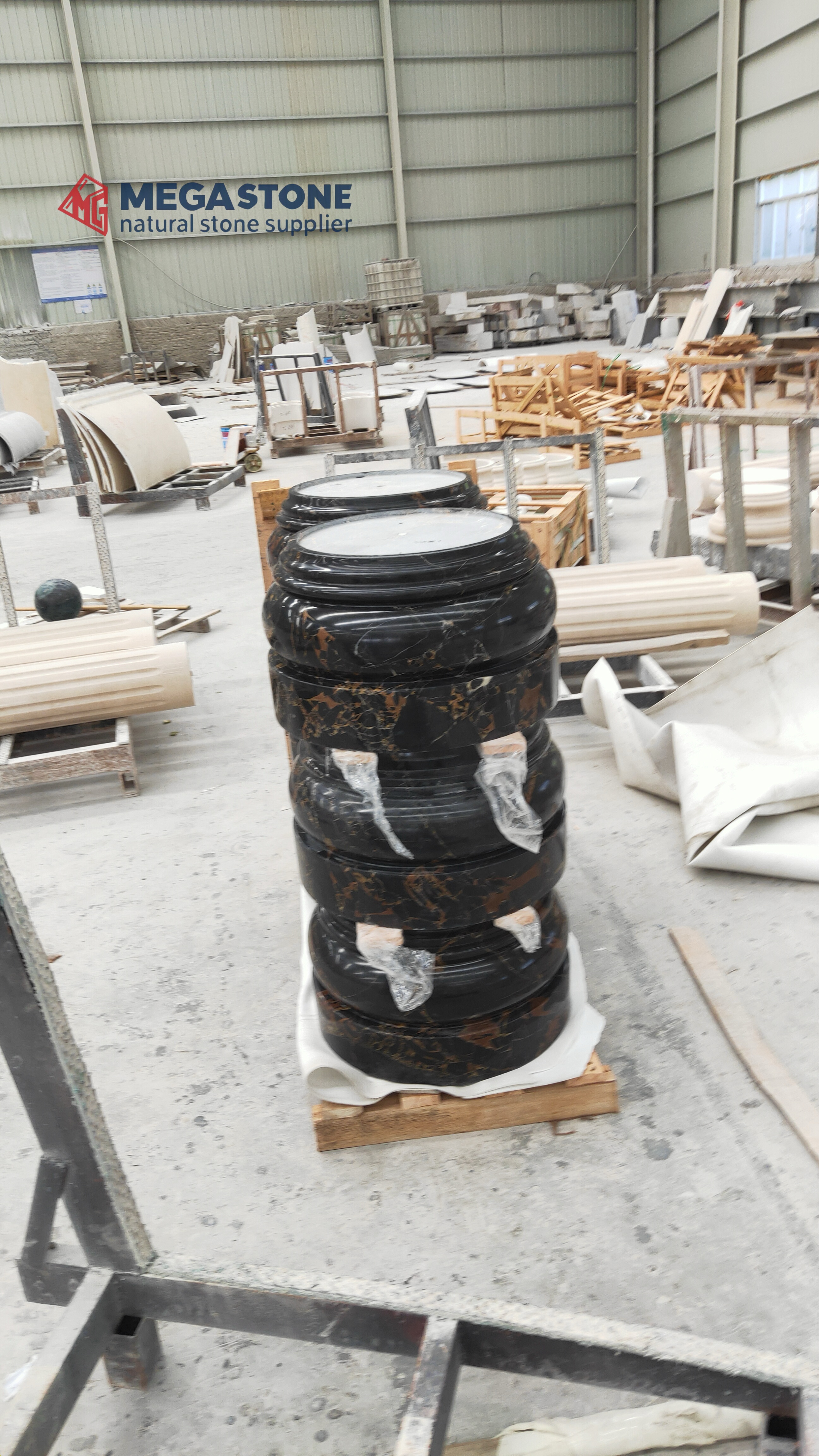 Chinese Athens Black Gold Flower Marble Round Column Base