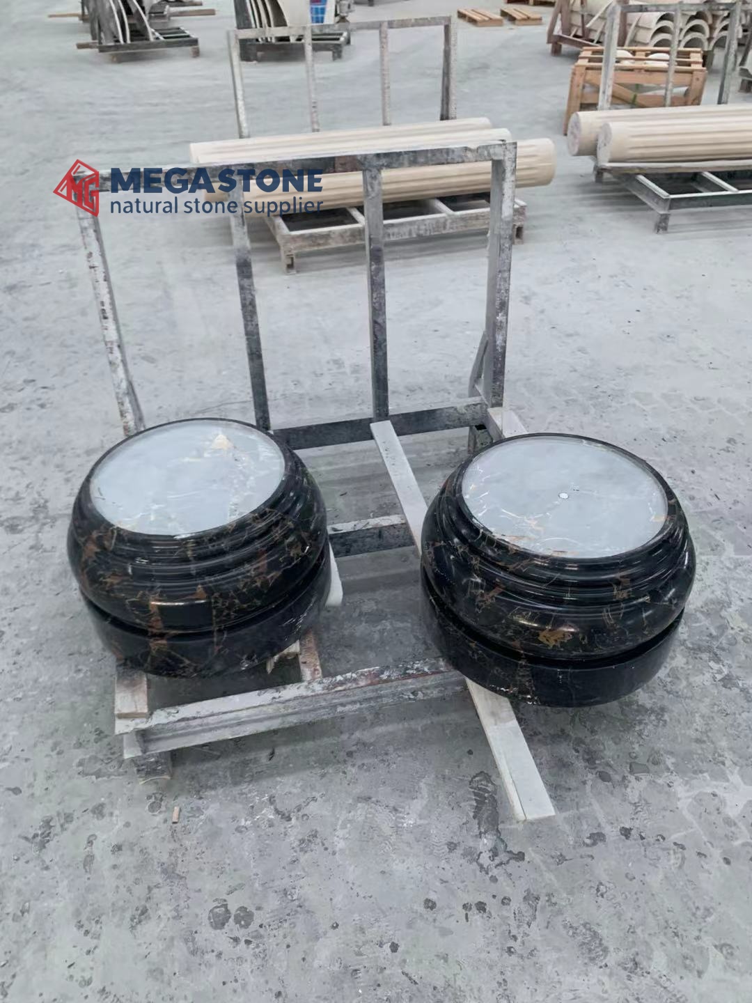 Chinese Athens Black Gold Flower Marble Round Column Base