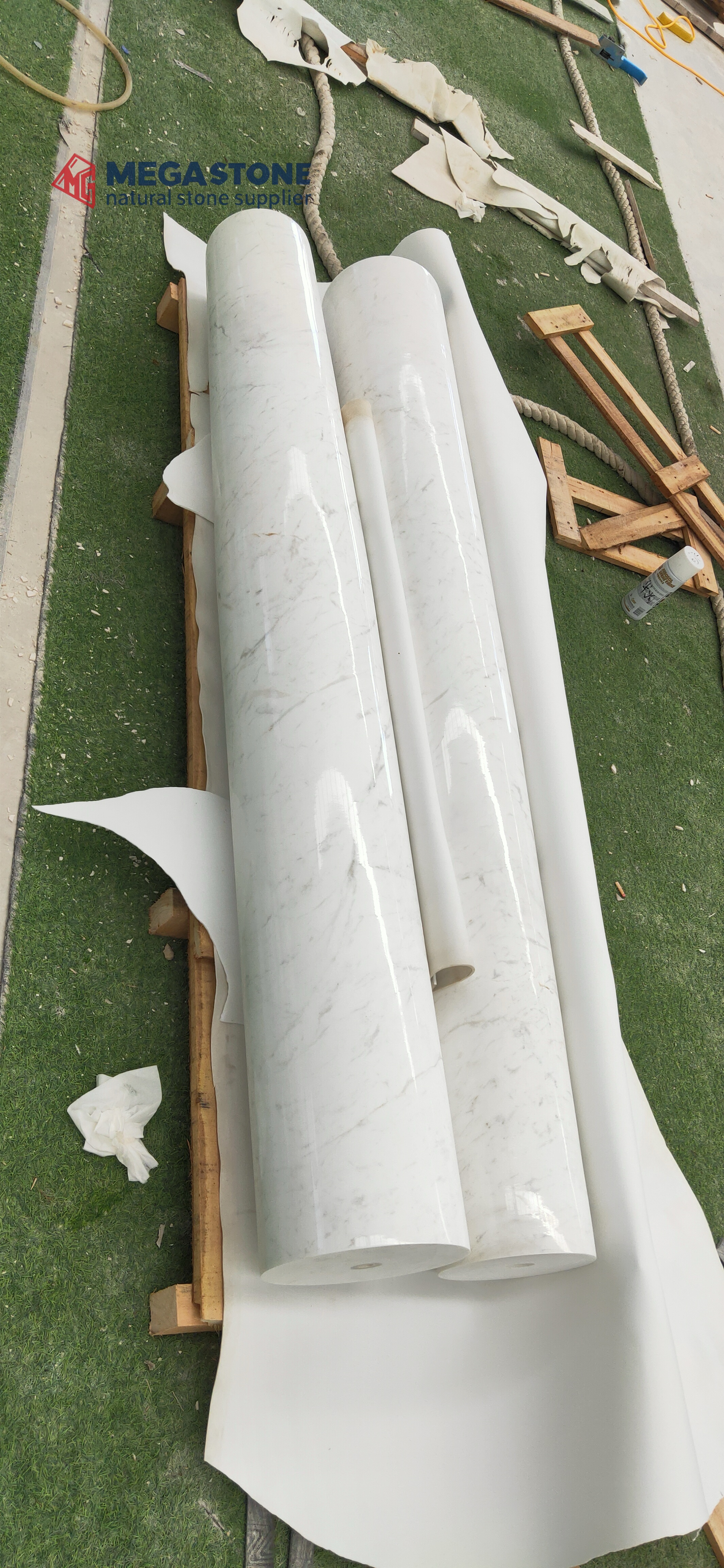 Natural Volakas White Marble Round Column with Base and Capital