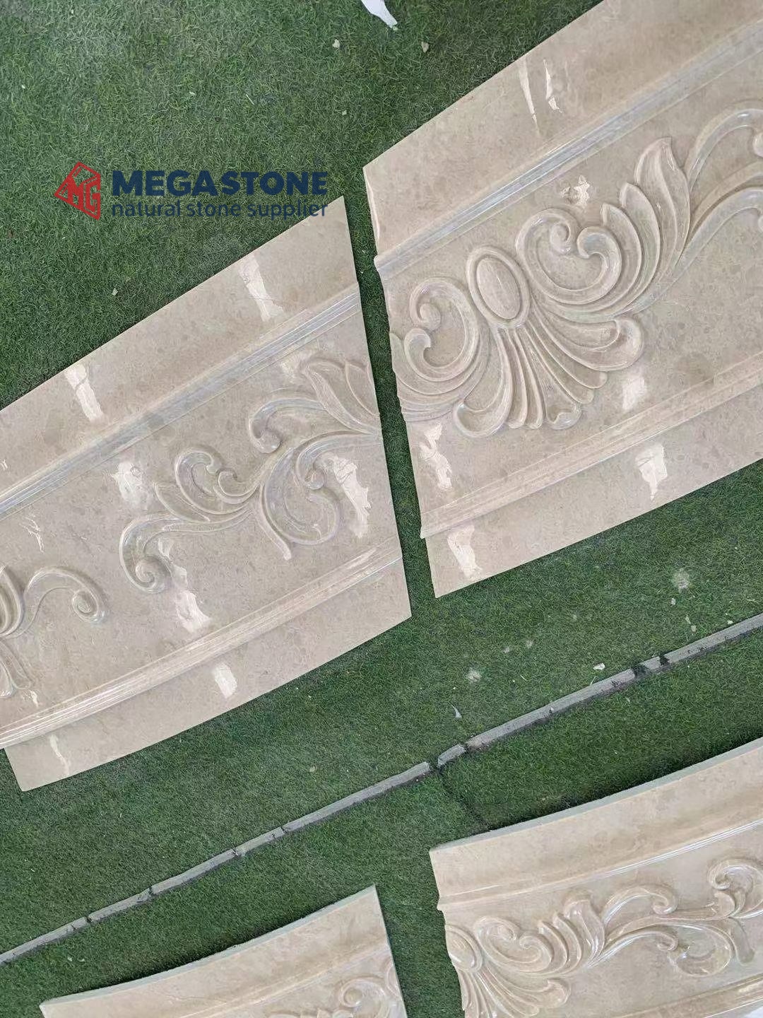 Turkish Ottoman Beige Marble Curved Spiral Staircase Relief Carved Panels