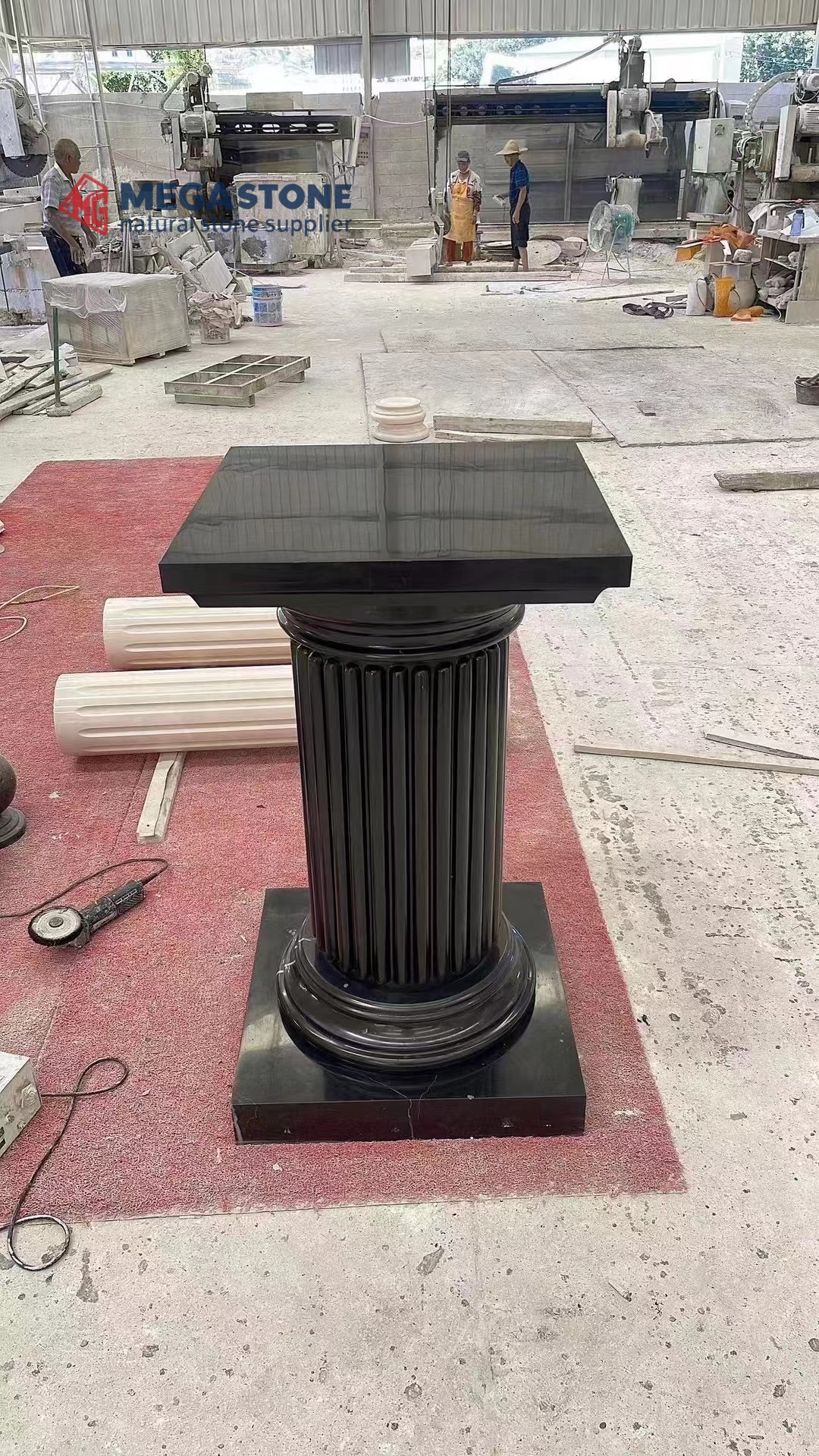Polished Black Marquina Marble Fluted Round Roman Column with Square Base
