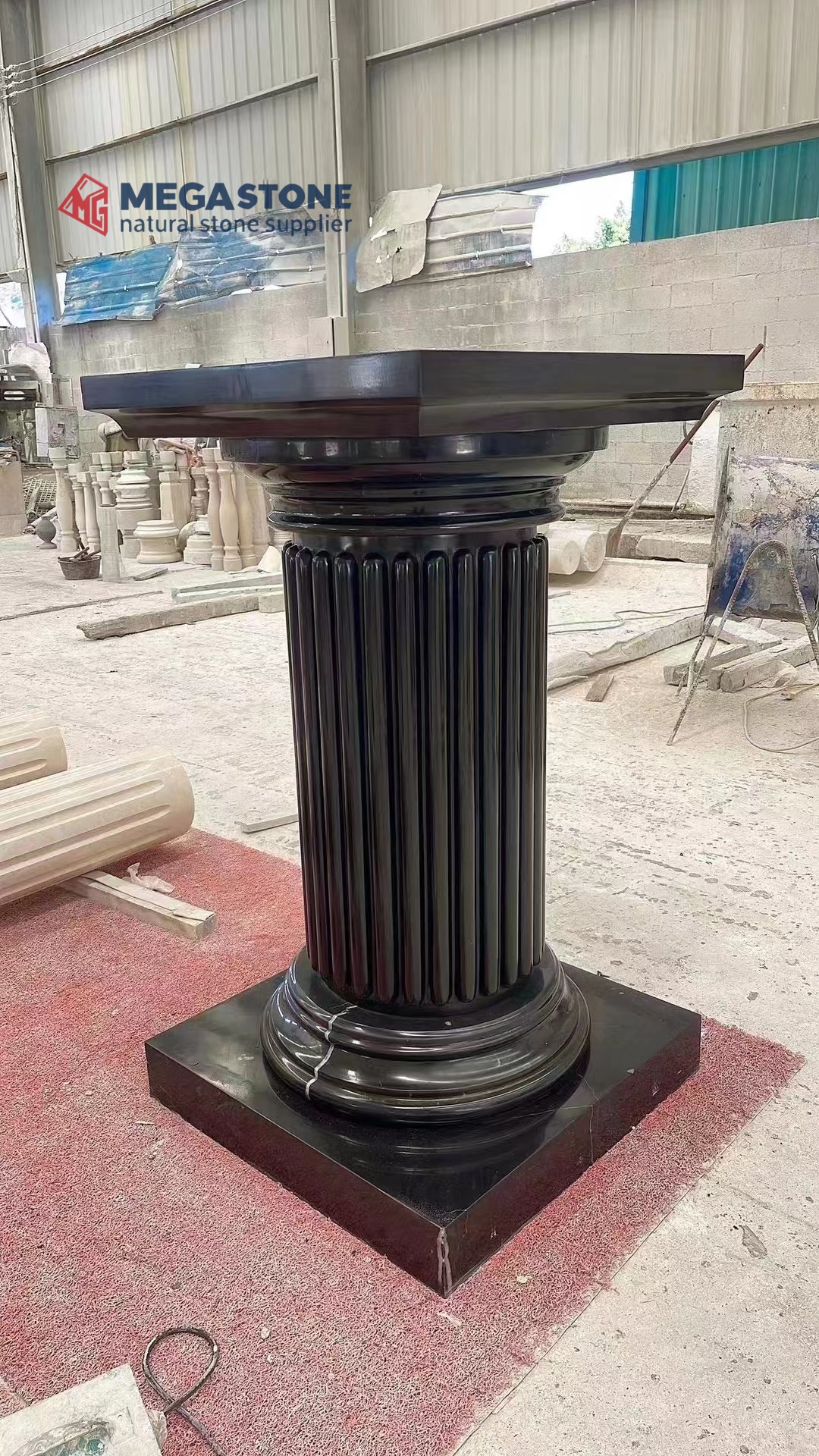 Polished Black Marquina Marble Fluted Round Roman Column with Square Base