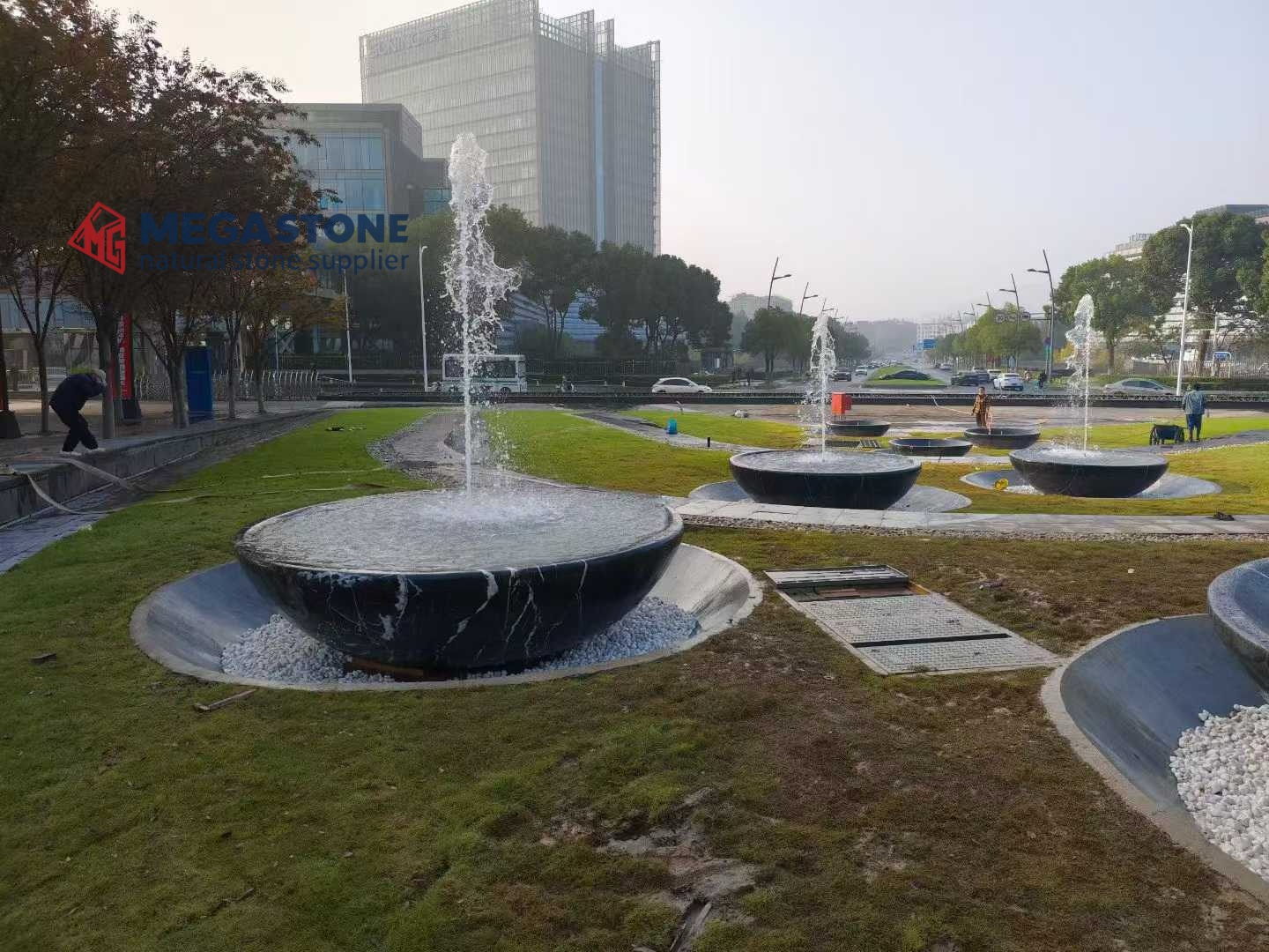 Modern Nero Marquina Stone Bowl Shaped Water Fountain for Commercial Plaza