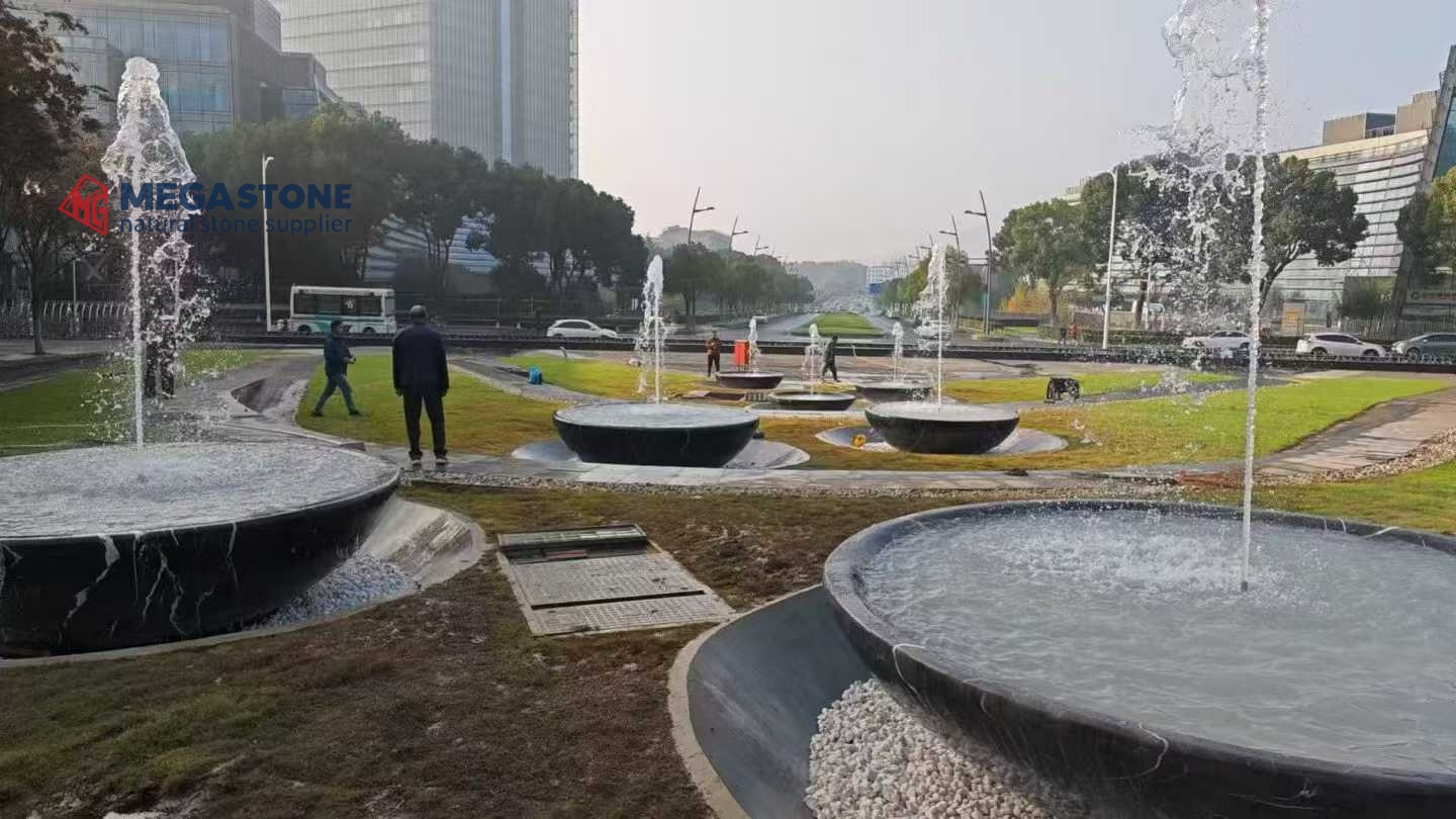 Modern Nero Marquina Stone Bowl Shaped Water Fountain for Commercial Plaza