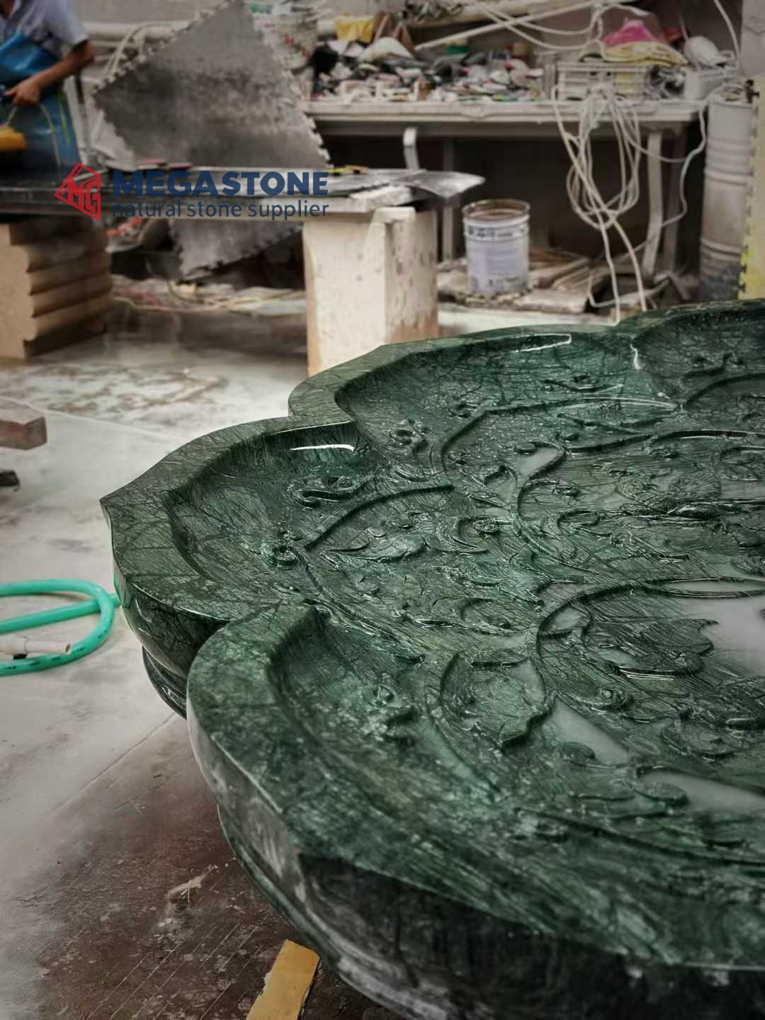 Natural Dark Green Stone Lotus Shape Water Bowl with Relief Carvings