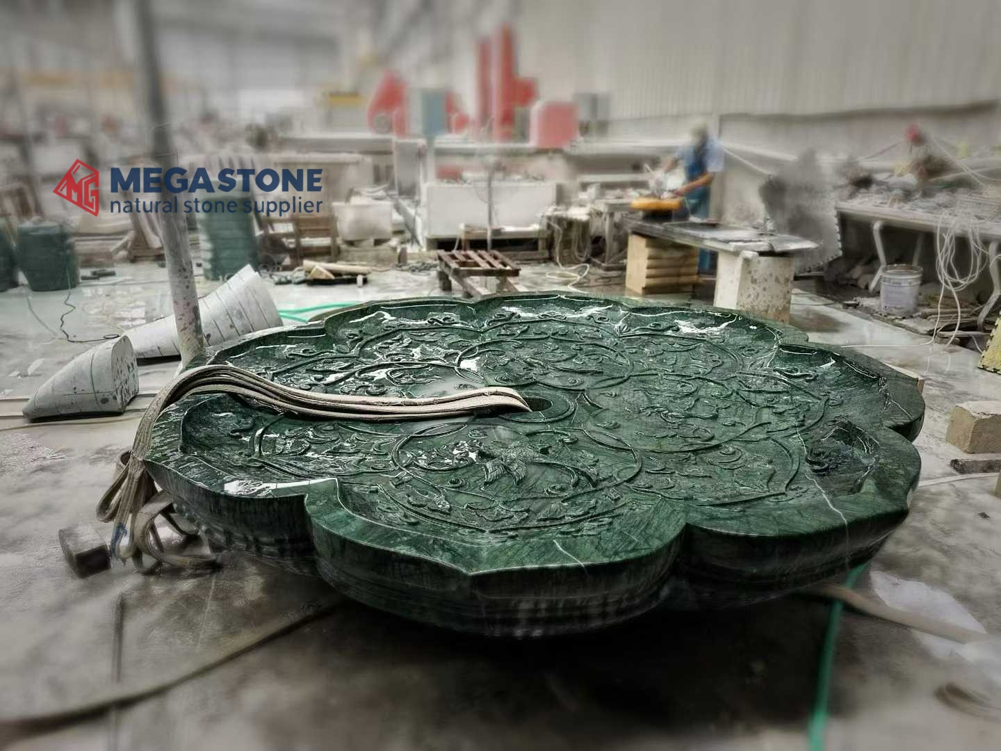 Natural Dark Green Stone Lotus Shape Water Bowl with Relief Carvings