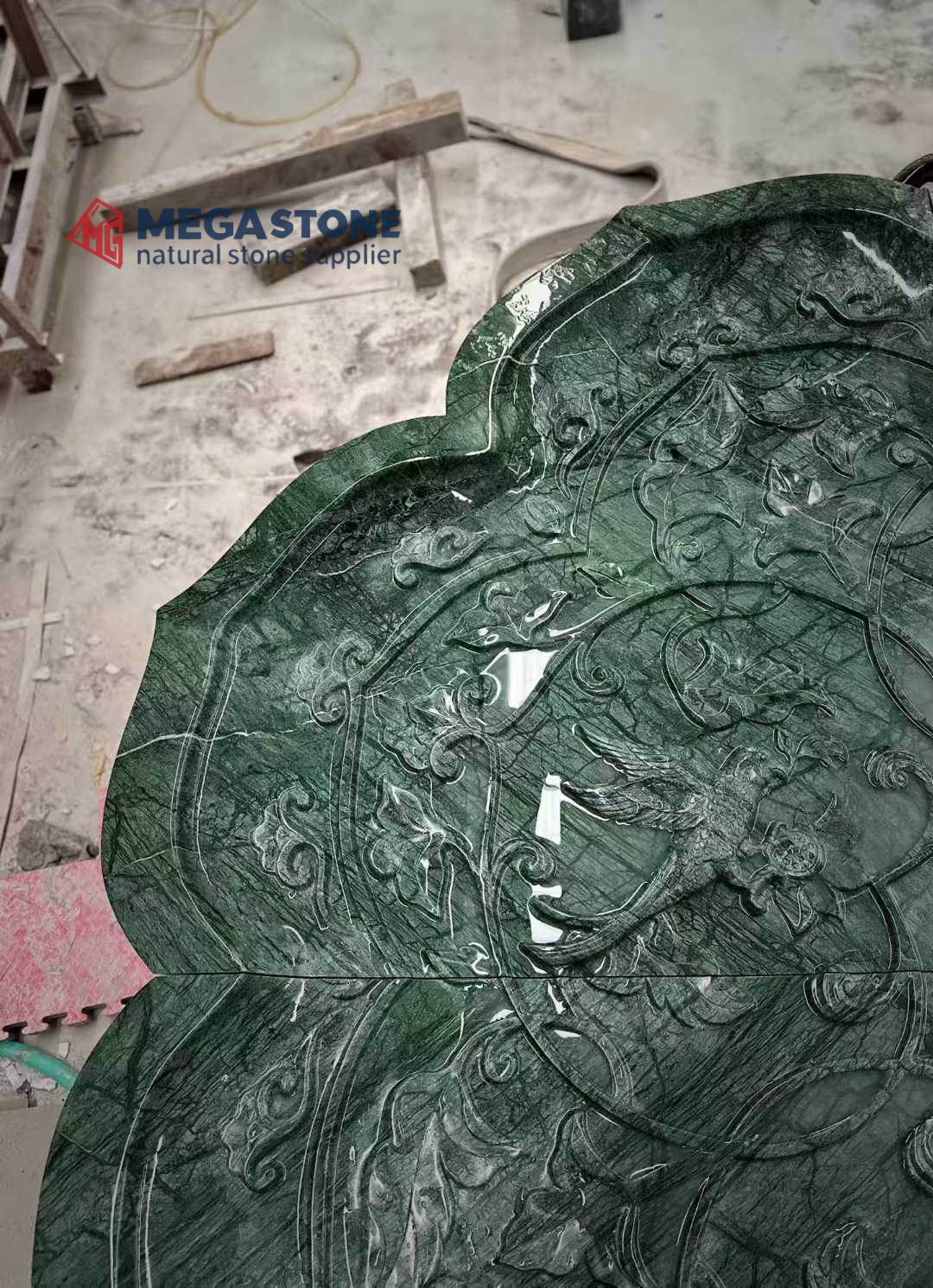 Natural Dark Green Stone Lotus Shape Water Bowl with Relief Carvings
