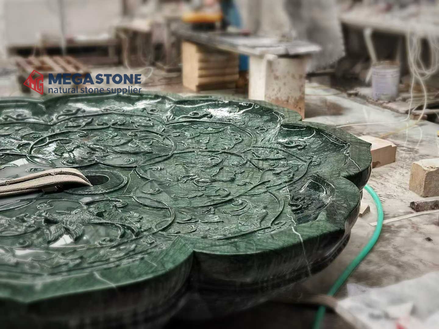 Natural Dark Green Stone Lotus Shape Water Bowl with Relief Carvings